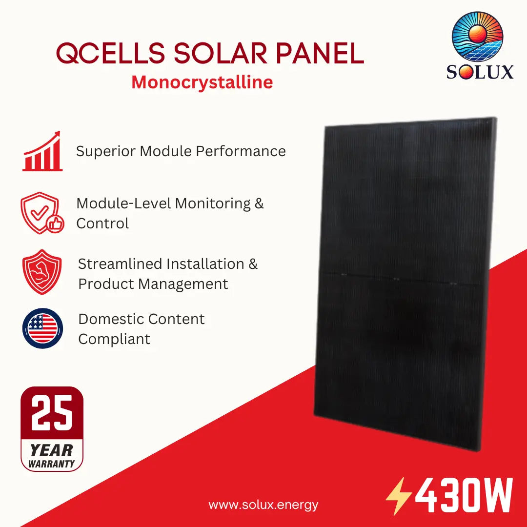 A promotional image of qcells solar panel 430 watt monocrystalline. domestic content compliant with 25 year warranty.